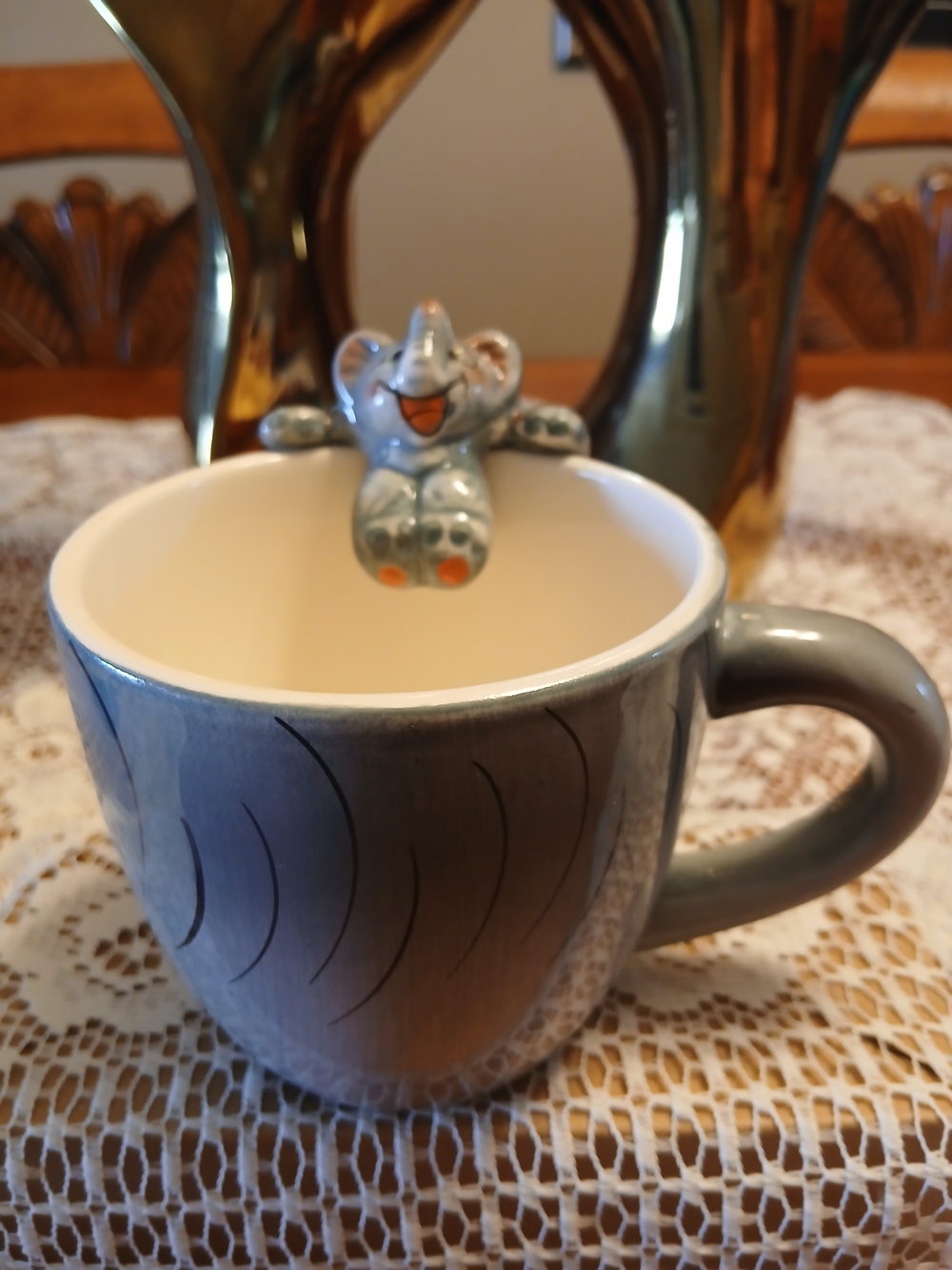 11 Oz Hanging Animal "Jungle" Gray Ceramic Coffee Mug with Playful Elephant
